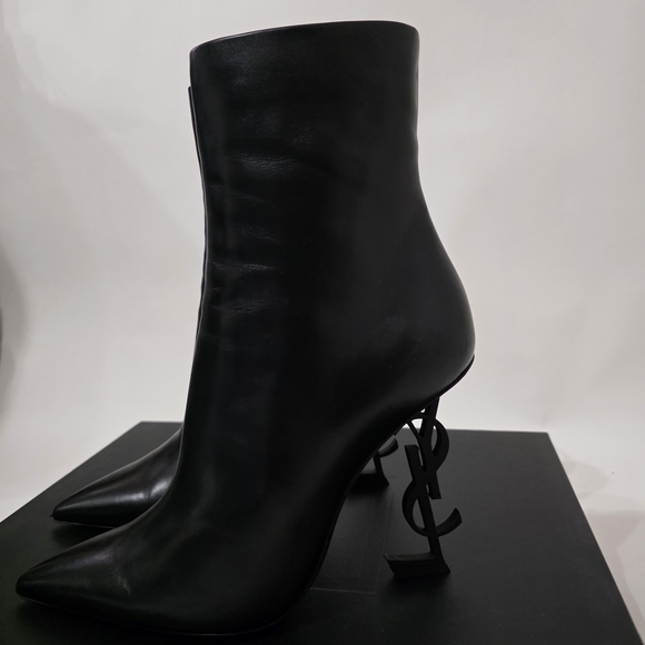 Saint Laurent Opyum Black Calfskin Ankle Boots Gold Heel Women’s Size 40 - Picture 3 of 14